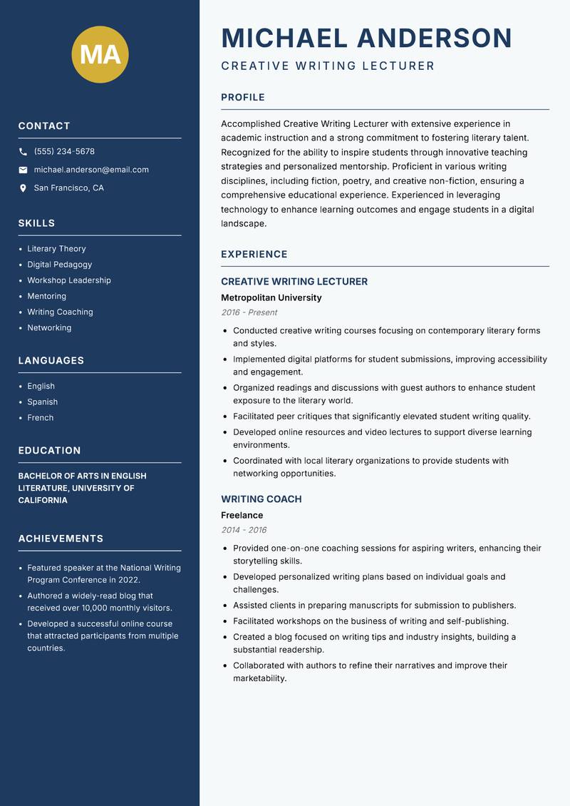 Creative Writing Lecturer resume sample — Creative Writing Lecturer focus