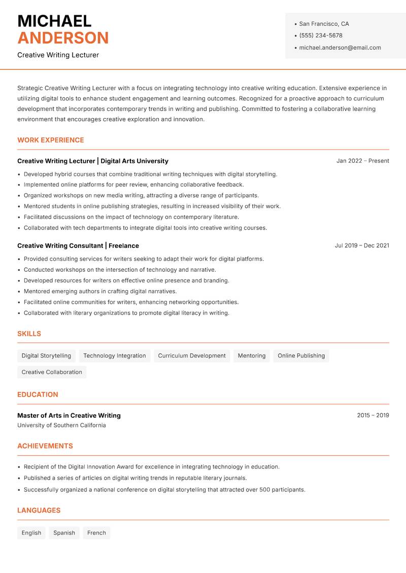 Creative Writing Lecturer resume sample — Creative Writing Lecturer focus