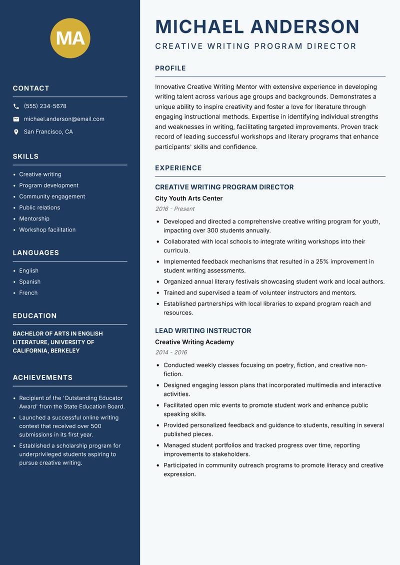 Creative Writing Mentor resume sample — Creative Writing Program Director focus