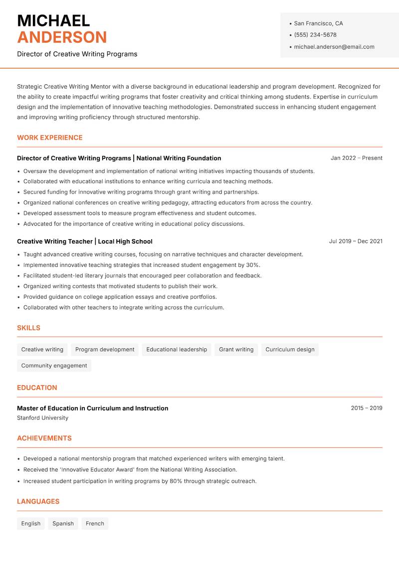 Creative Writing Mentor resume sample — Director of Creative Writing Programs focus
