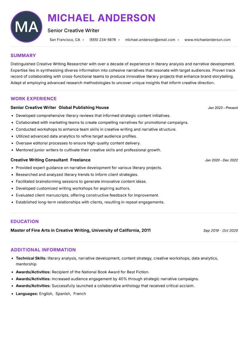 Creative Writing Researcher resume example