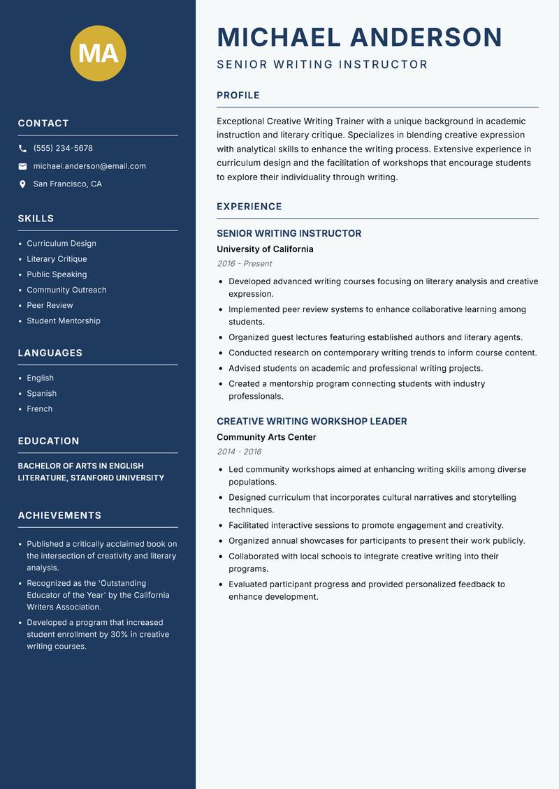 Creative Writing Trainer resume sample — Senior Writing Instructor focus