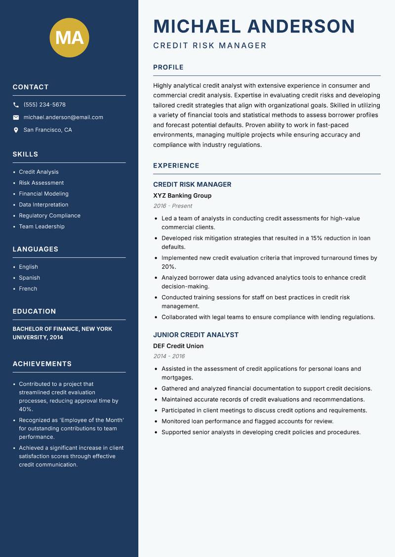 Credit Analyst resume sample — Credit Risk Manager focus