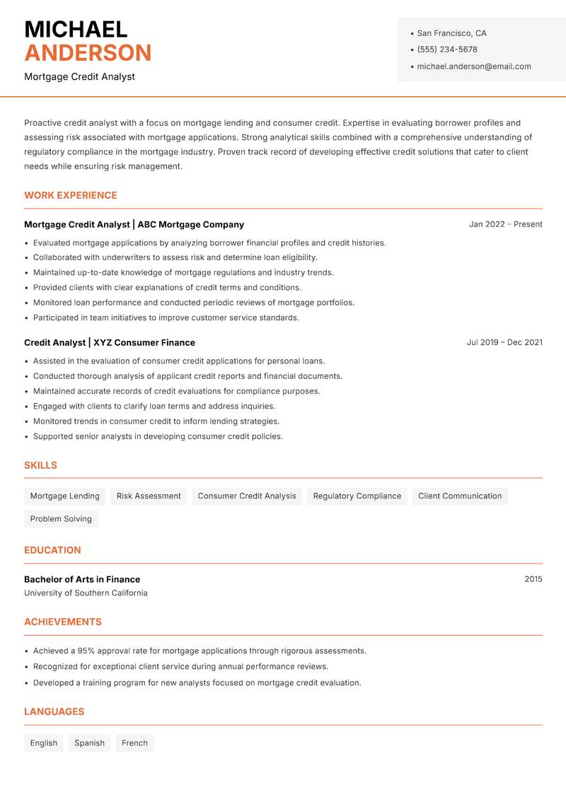 Credit Analyst resume sample — Mortgage Credit Analyst focus