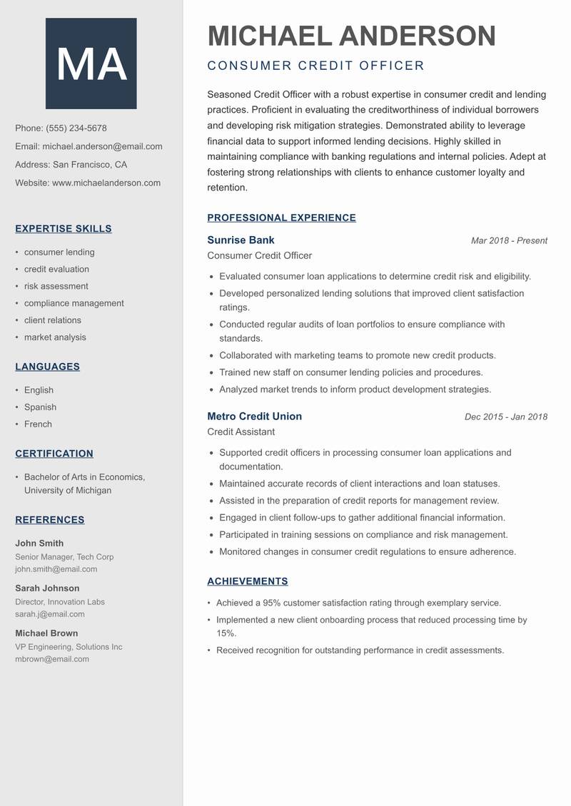 Credit Officer resume sample — Consumer Credit Officer focus