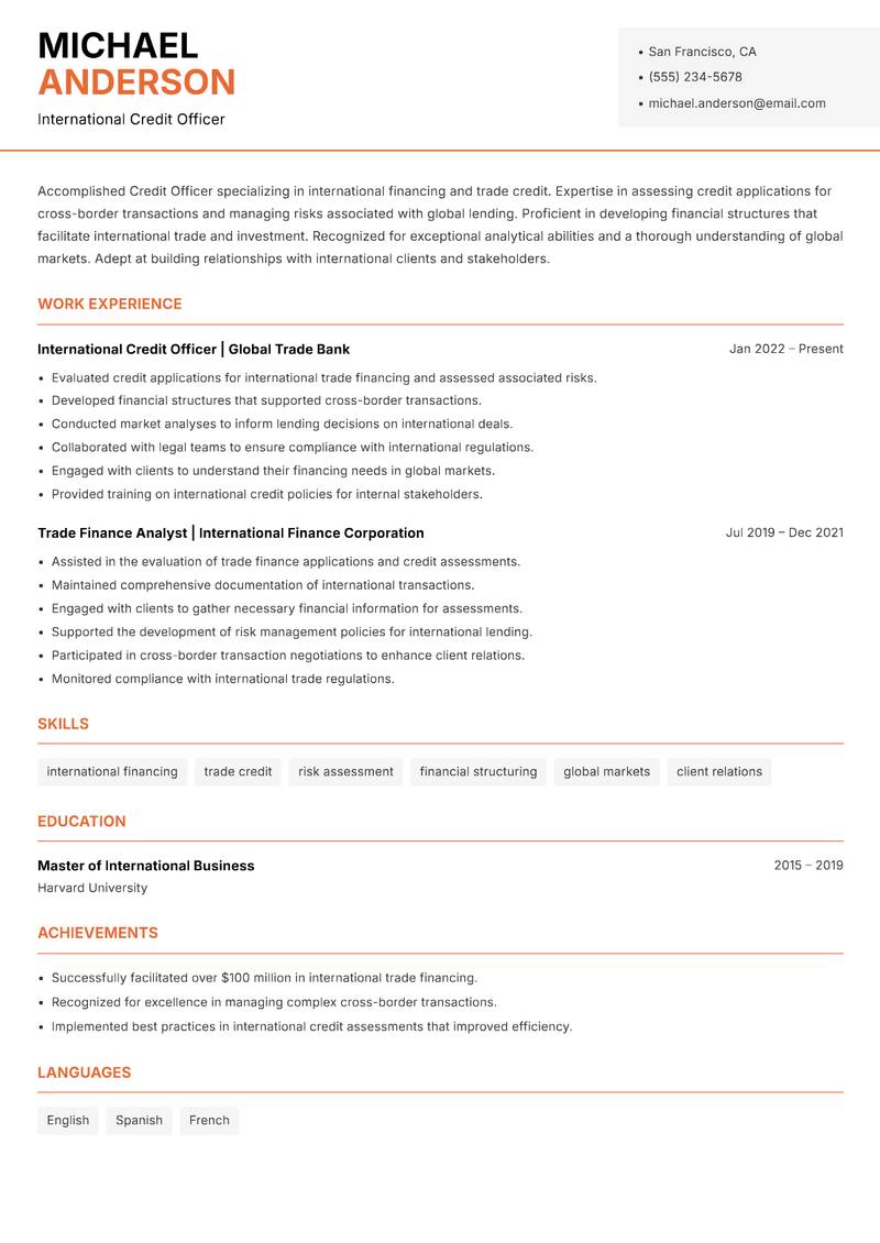 Credit Officer resume sample — International Credit Officer focus