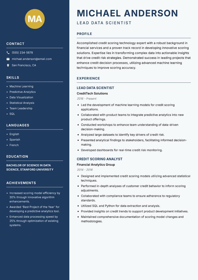 Credit Scoring Technology Analyst resume sample — Lead Data Scientist focus