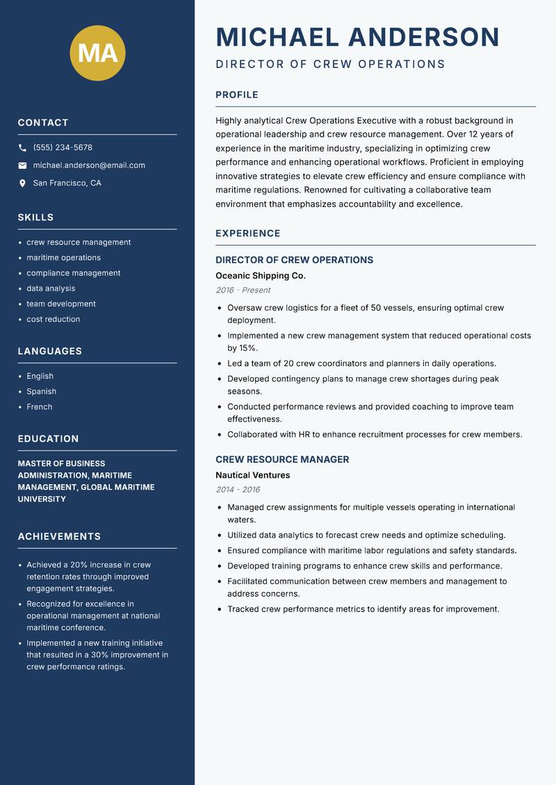 Crew Operations Executive resume sample — Director of Crew Operations focus