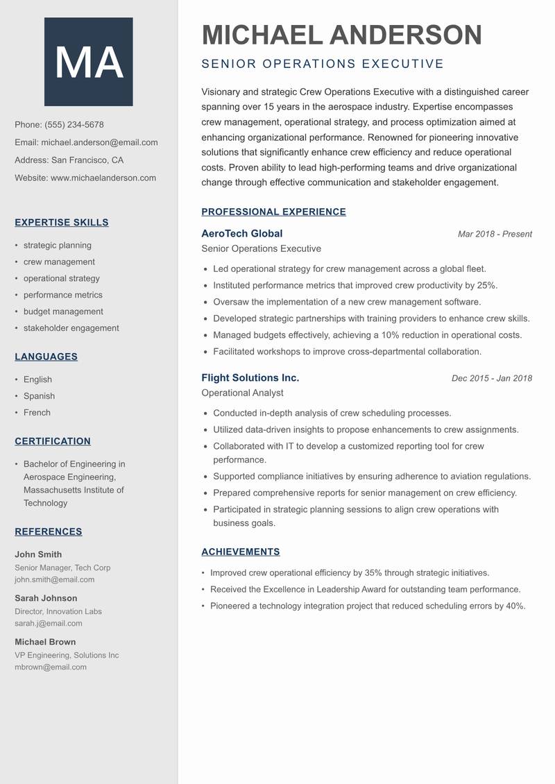 Crew Operations Executive resume sample — Senior Operations Executive focus