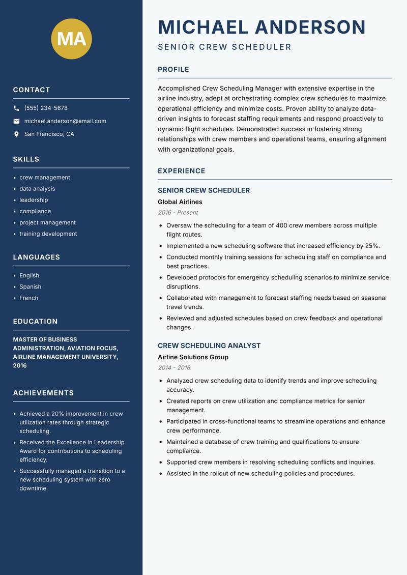 Crew Scheduling Manager resume sample — Senior Crew Scheduler focus