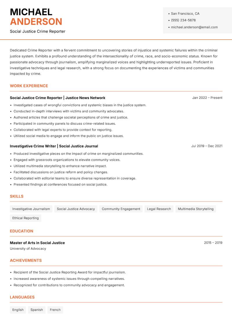 Crime Reporter resume sample — Social Justice Crime Reporter focus