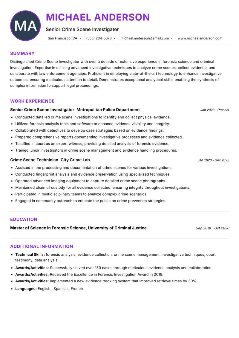 Crime Scene Investigator resume example