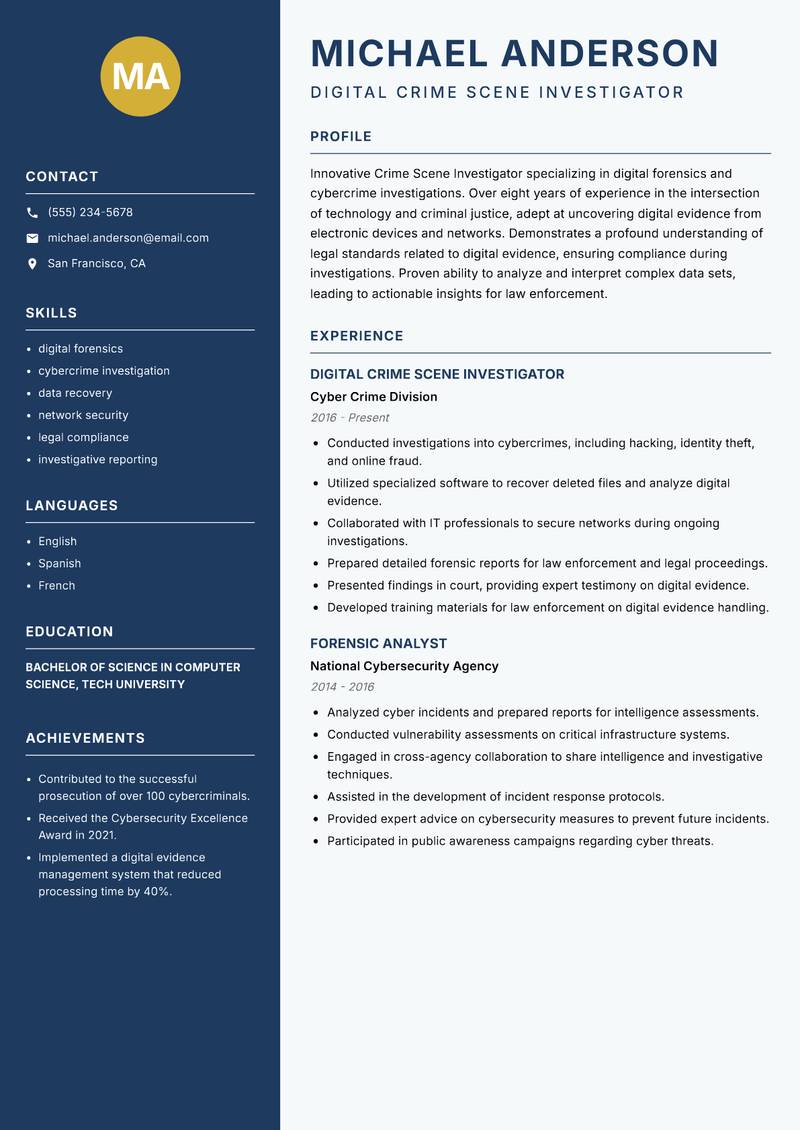 Crime Scene Investigator resume sample — Digital Crime Scene Investigator focus