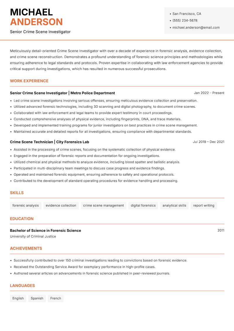 Crime Scene Investigator resume sample — Senior Crime Scene Investigator focus