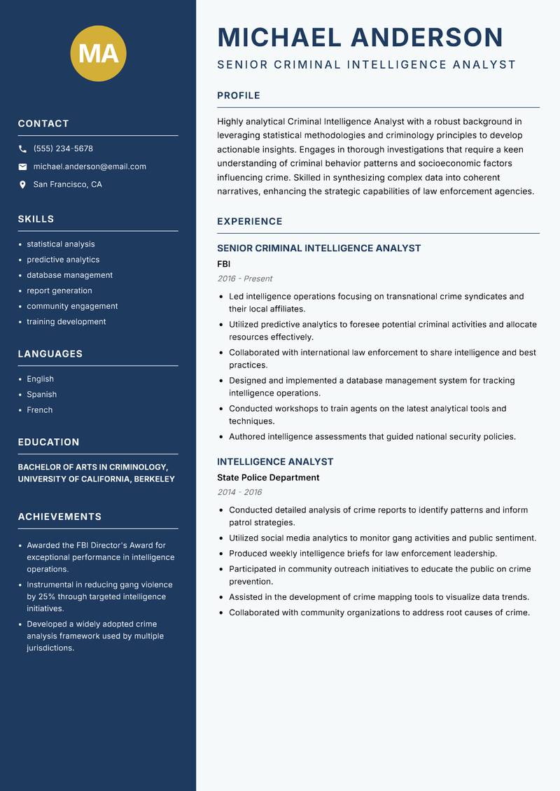 Criminal Intelligence Analyst resume sample — Senior Criminal Intelligence Analyst focus