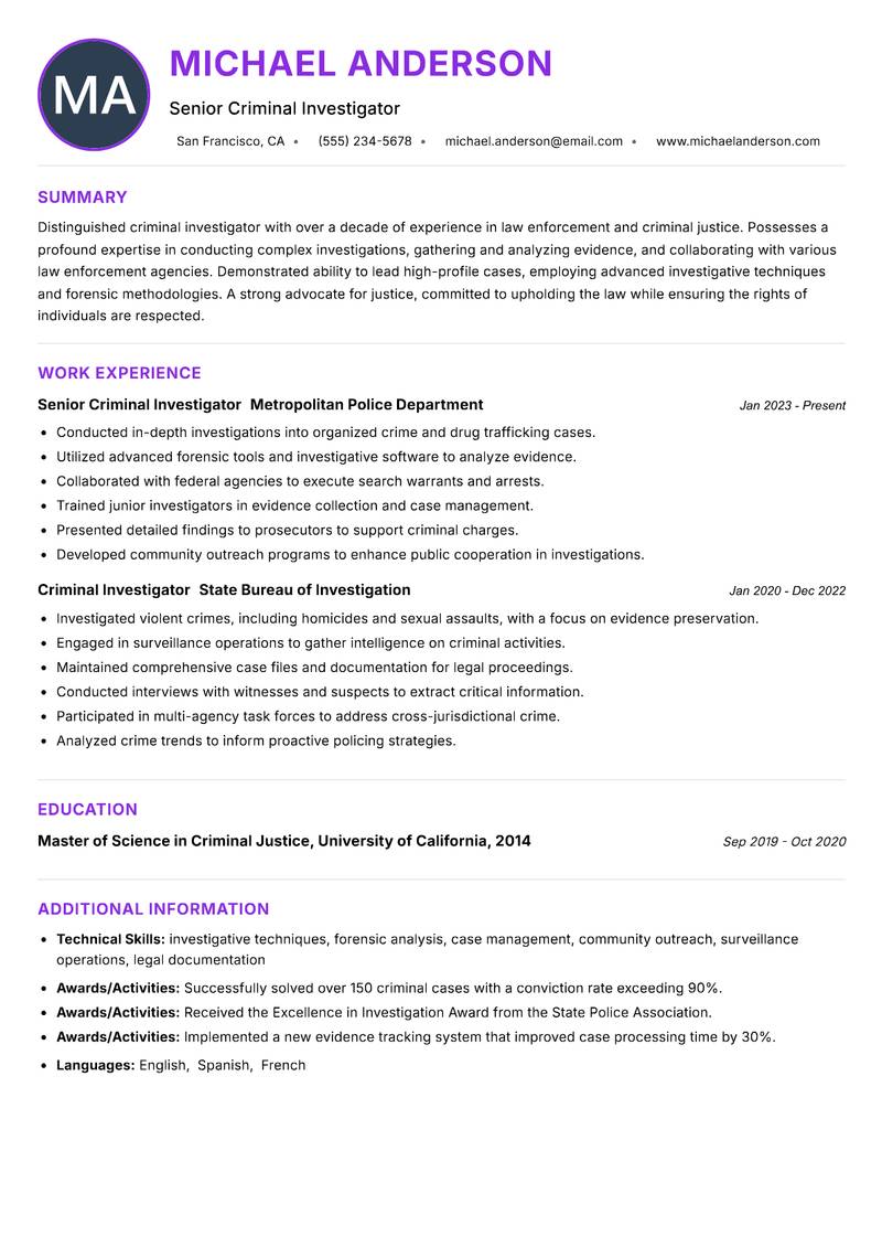 Criminal Investigator resume example