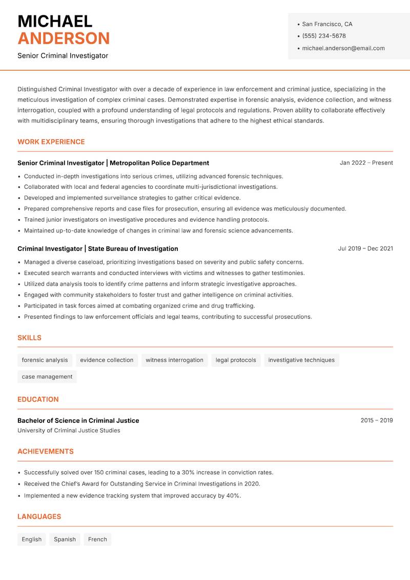 Criminal Investigator resume sample — Senior Criminal Investigator focus