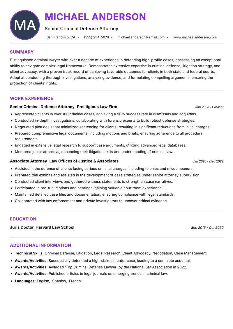 Criminal Lawyer resume example