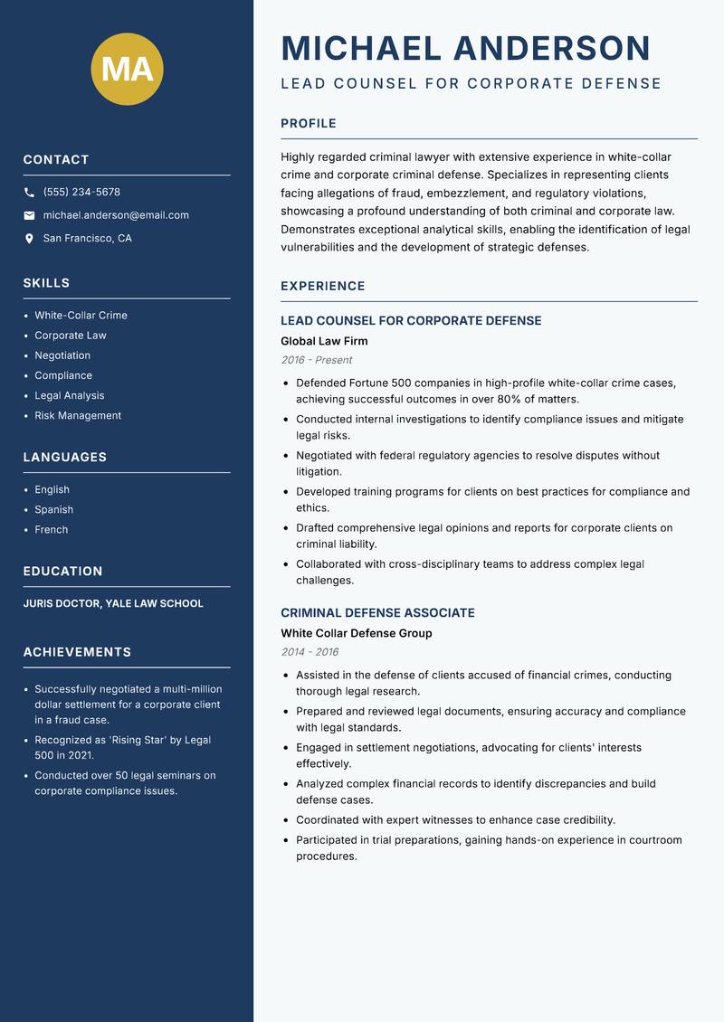 Criminal Lawyer resume sample — Lead Counsel for Corporate Defense focus