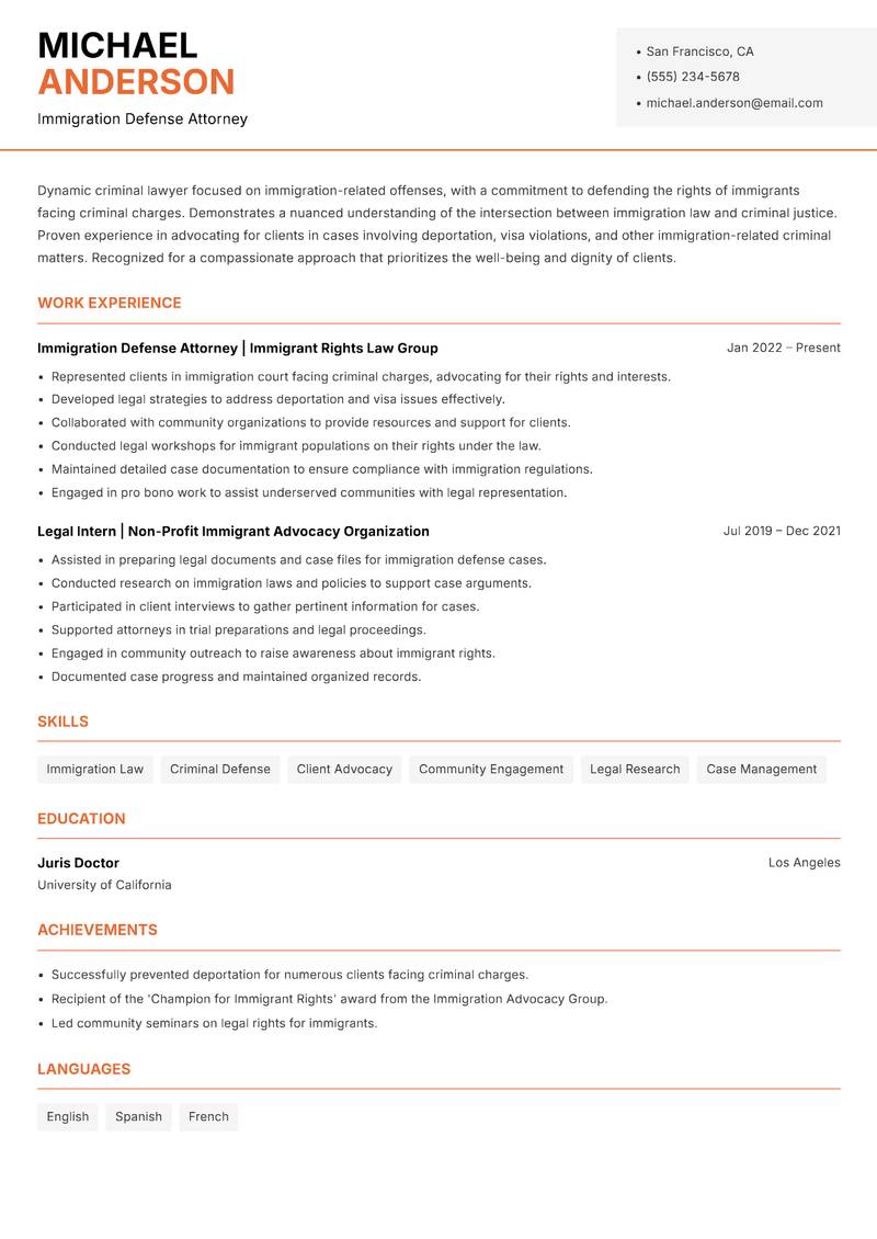 Criminal Lawyer resume sample — Immigration Defense Attorney focus
