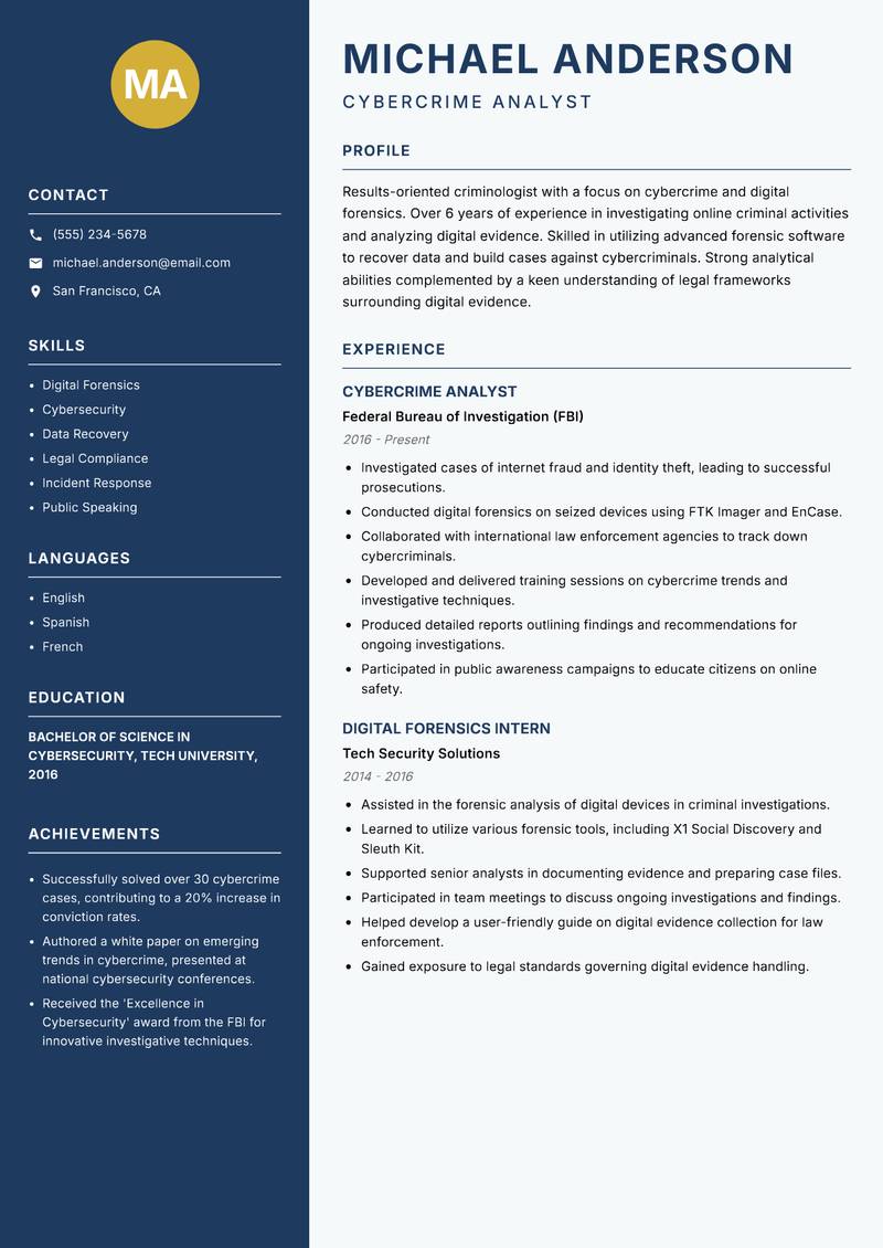 Criminologist resume sample — Cybercrime Analyst focus
