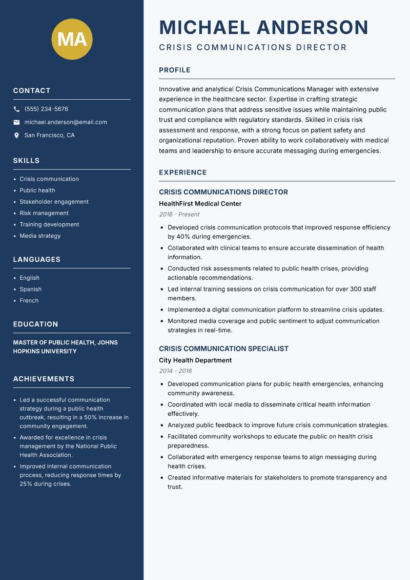Crisis Communications Manager resume sample — Crisis Communications Director focus