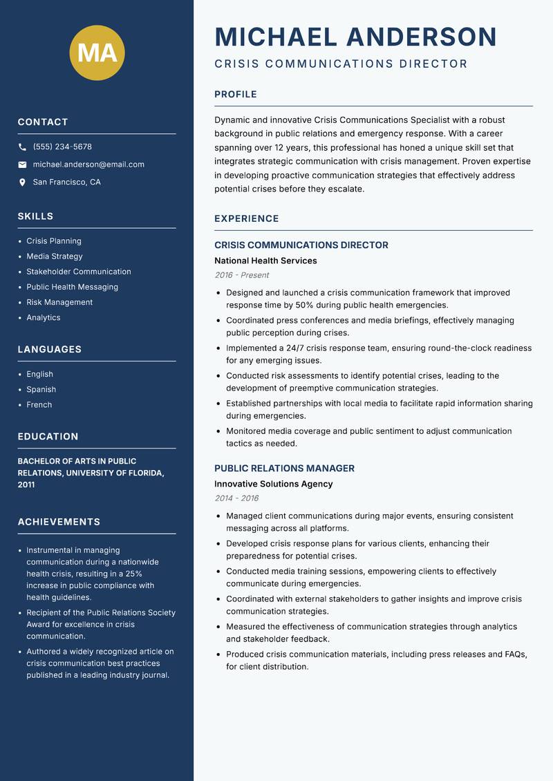 Crisis Communications Specialist resume sample — Crisis Communications Director focus