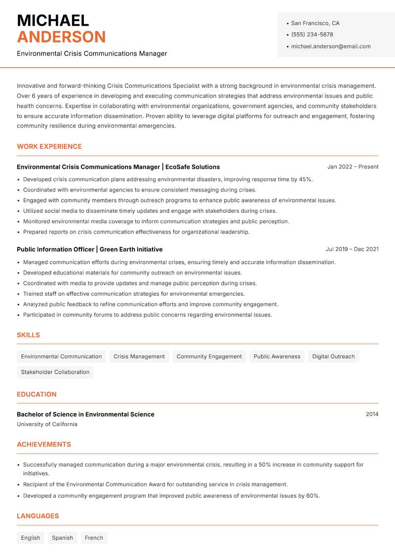 Crisis Communications Specialist resume sample — Environmental Crisis Communications Manager focus
