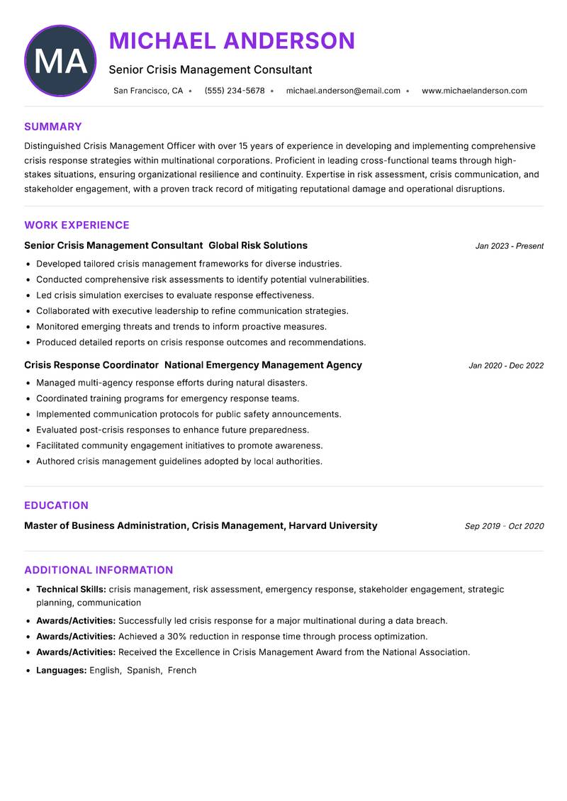 Crisis Management Officer resume example