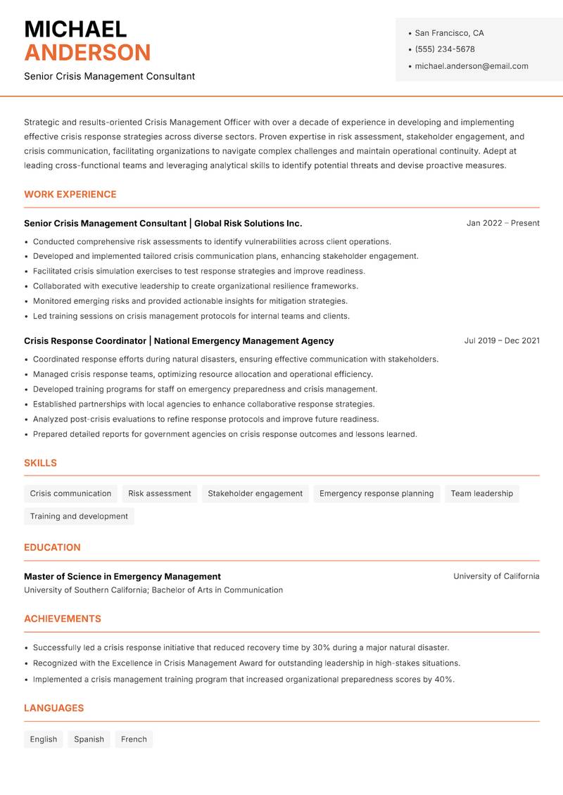 Crisis Management Officer resume sample — Senior Crisis Management Consultant focus