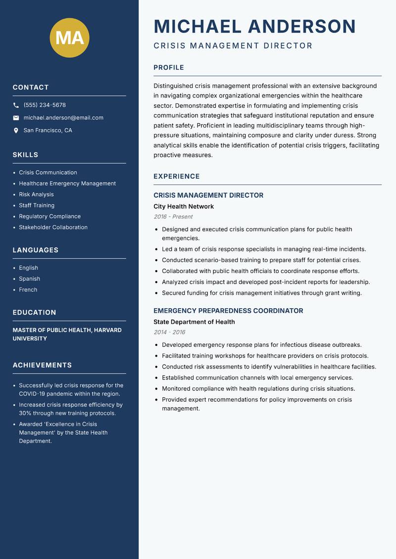 Crisis Management Specialist resume sample — Crisis Management Director focus