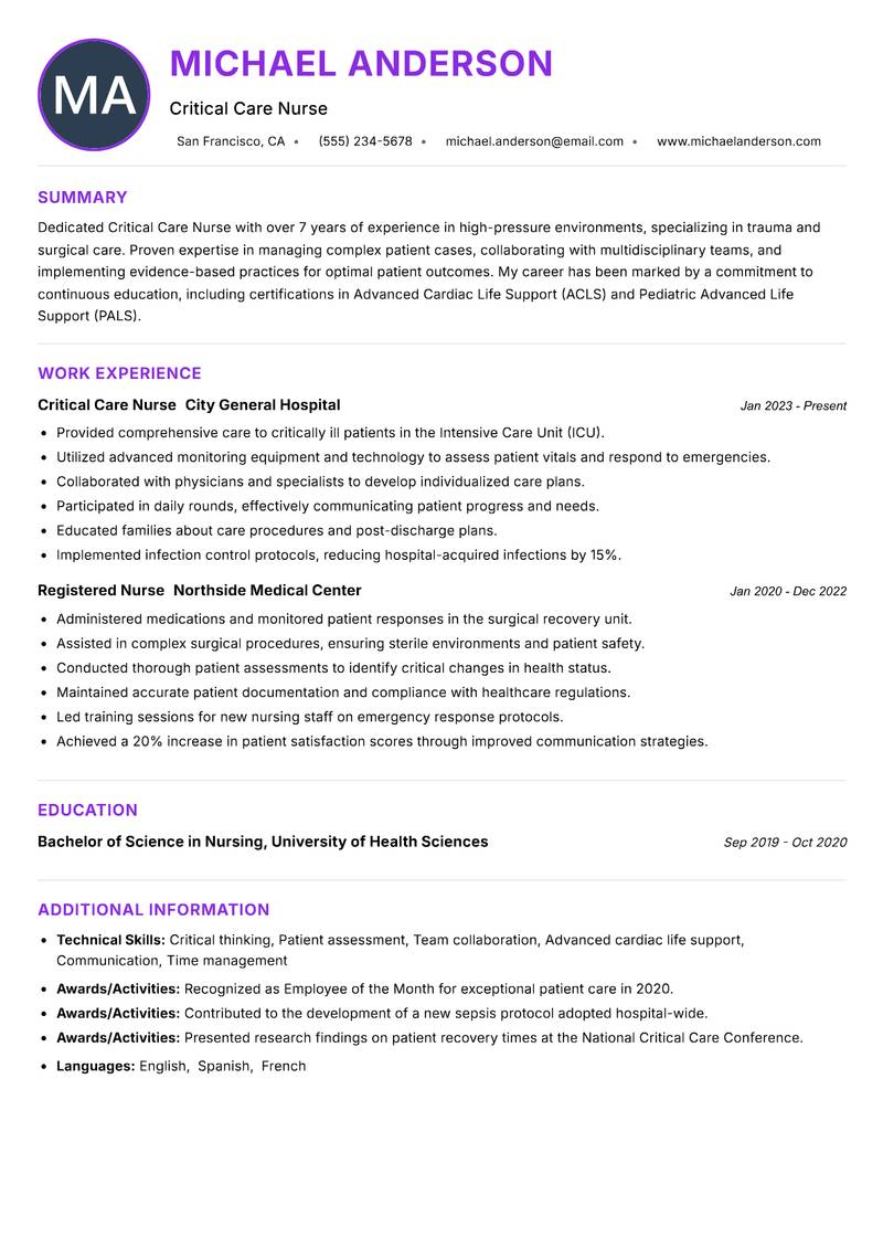 Critical Care Nurse resume example