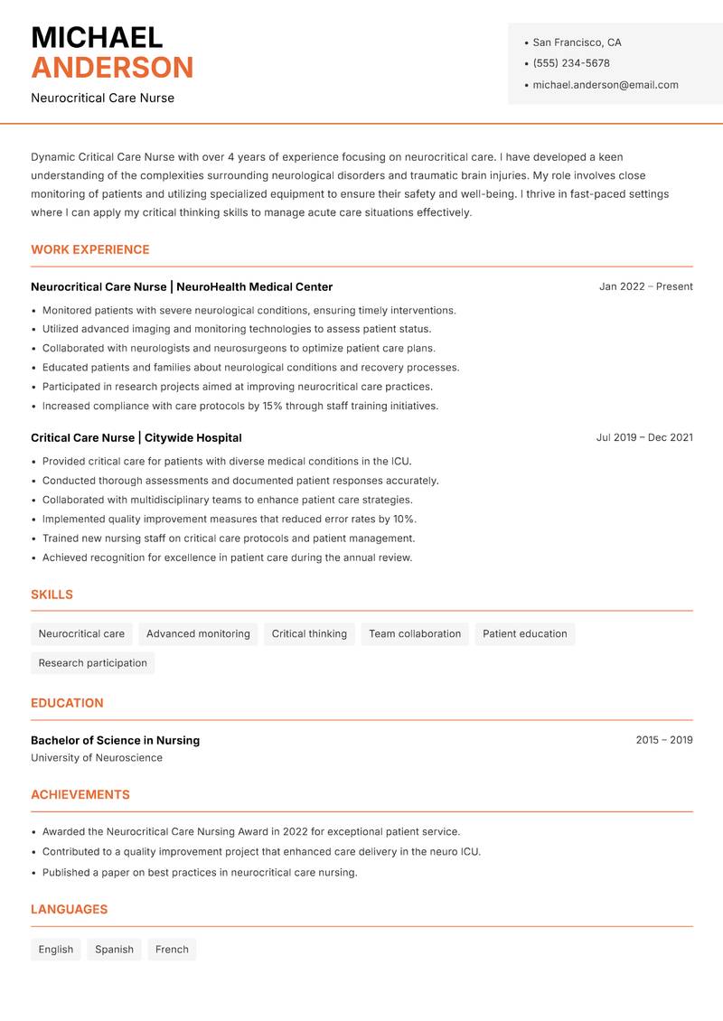 Critical Care Nurse resume sample — Neurocritical Care Nurse focus