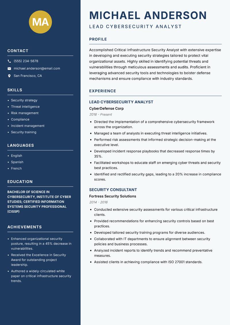 Critical Infrastructure Security Analyst resume sample — Lead Cybersecurity Analyst focus