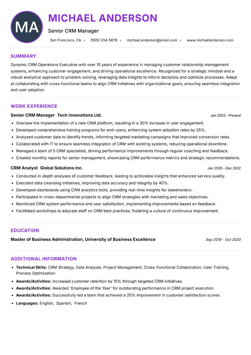 CRM Operations Executive resume example — Sales Operations