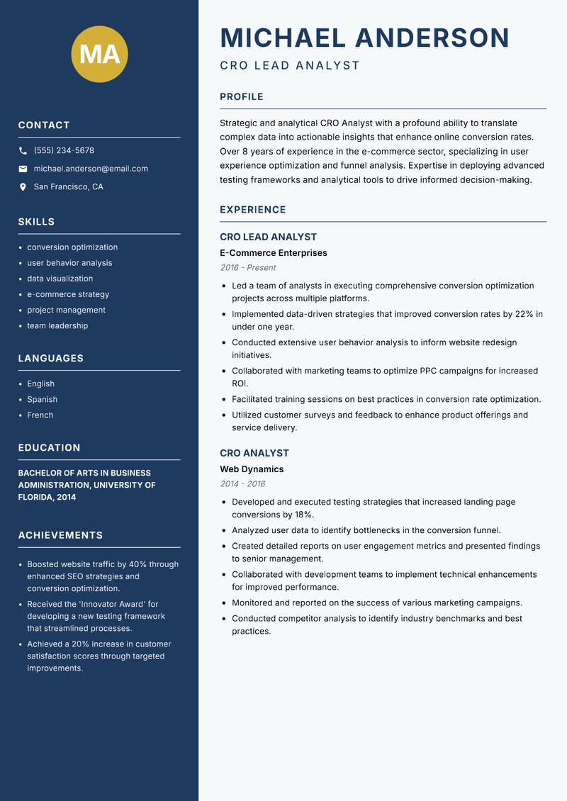 CRO Analyst resume sample — CRO Lead Analyst focus
