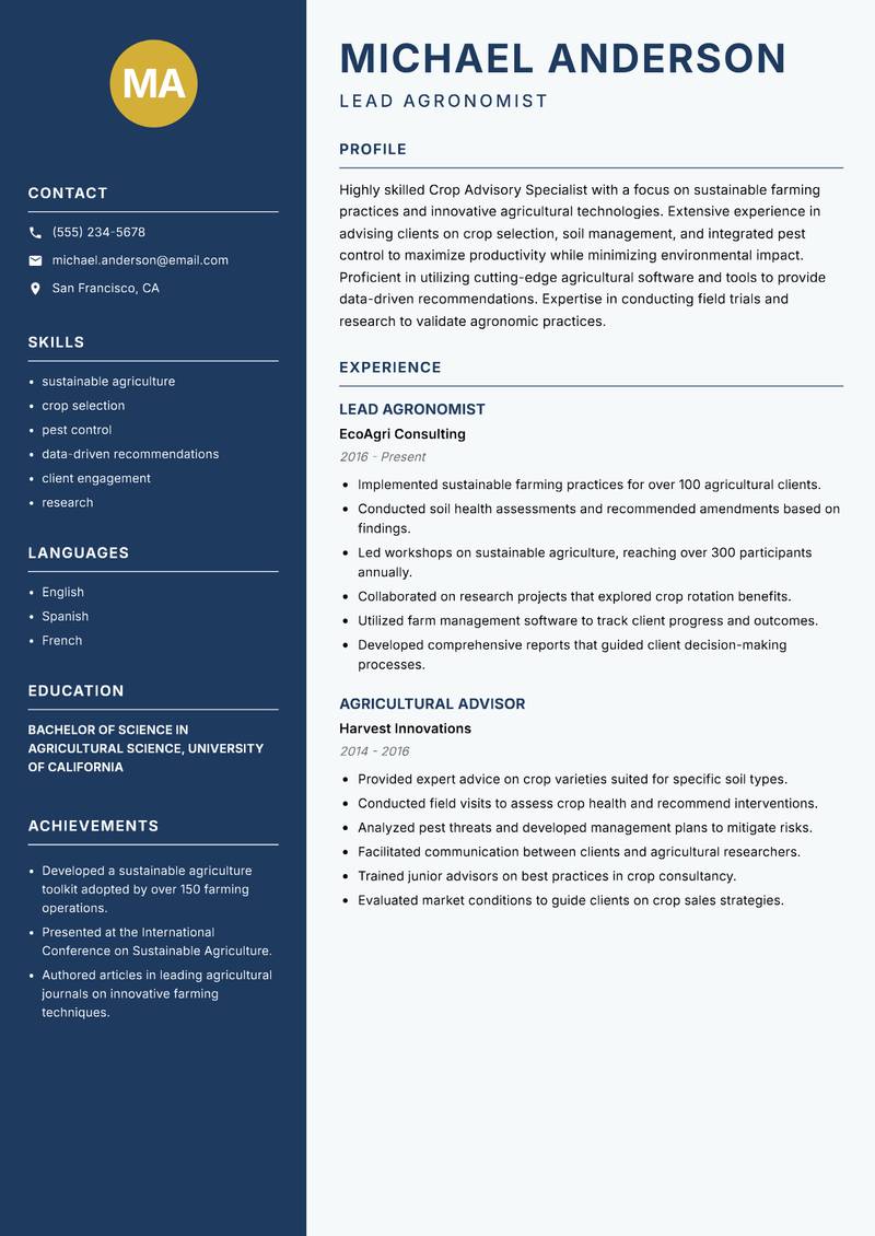 Crop Advisory Specialist resume sample — Lead Agronomist focus