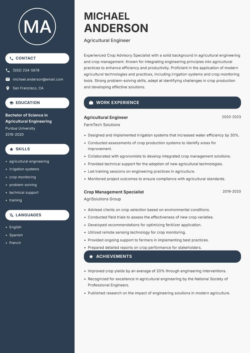 Crop Advisory Specialist resume sample — Agricultural Engineer focus