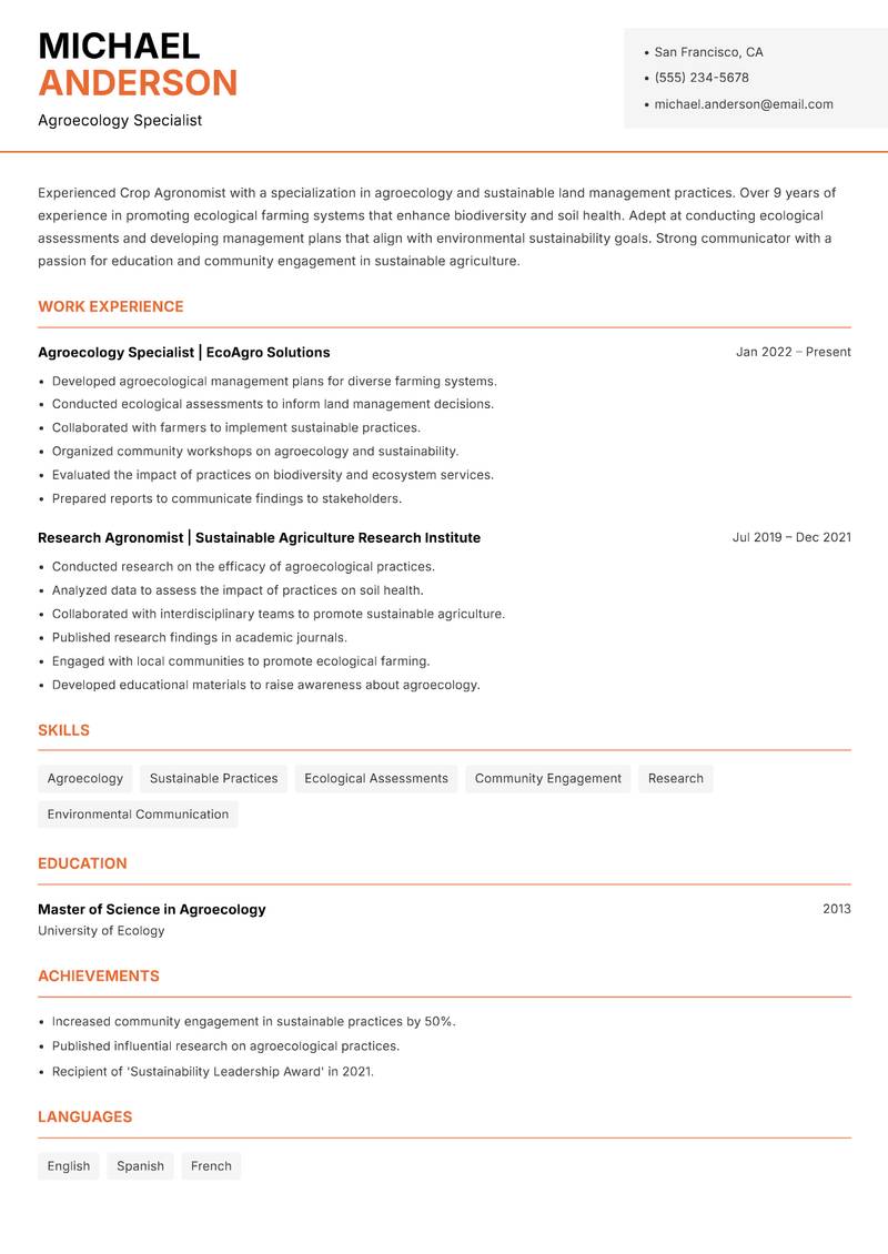 Crop Agronomist resume sample — Agroecology Specialist focus