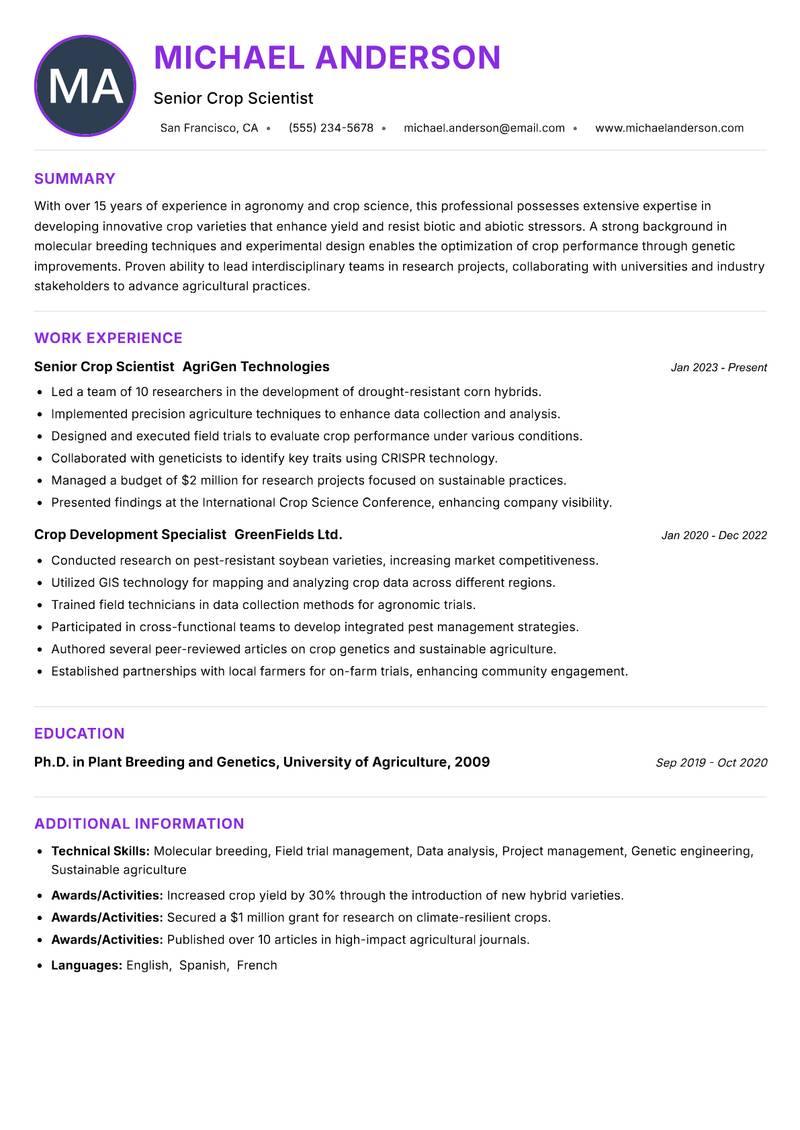 Crop Development Scientist resume example