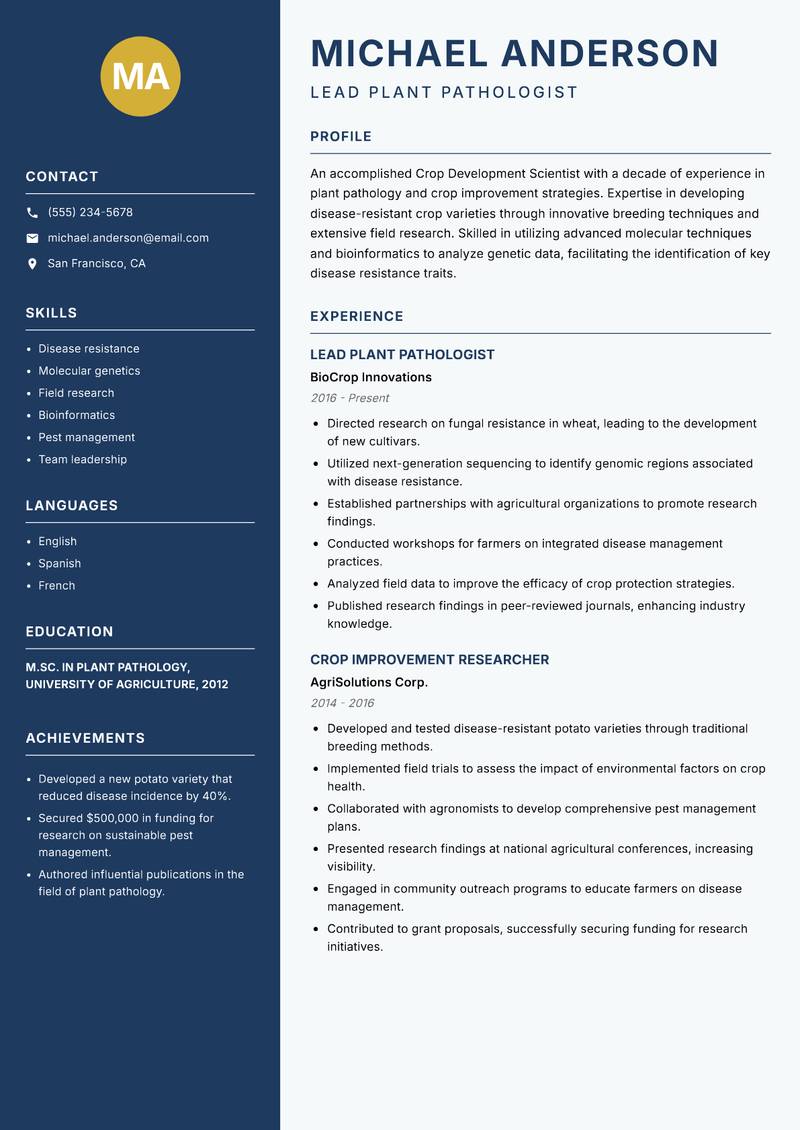 Crop Development Scientist resume sample — Lead Plant Pathologist focus