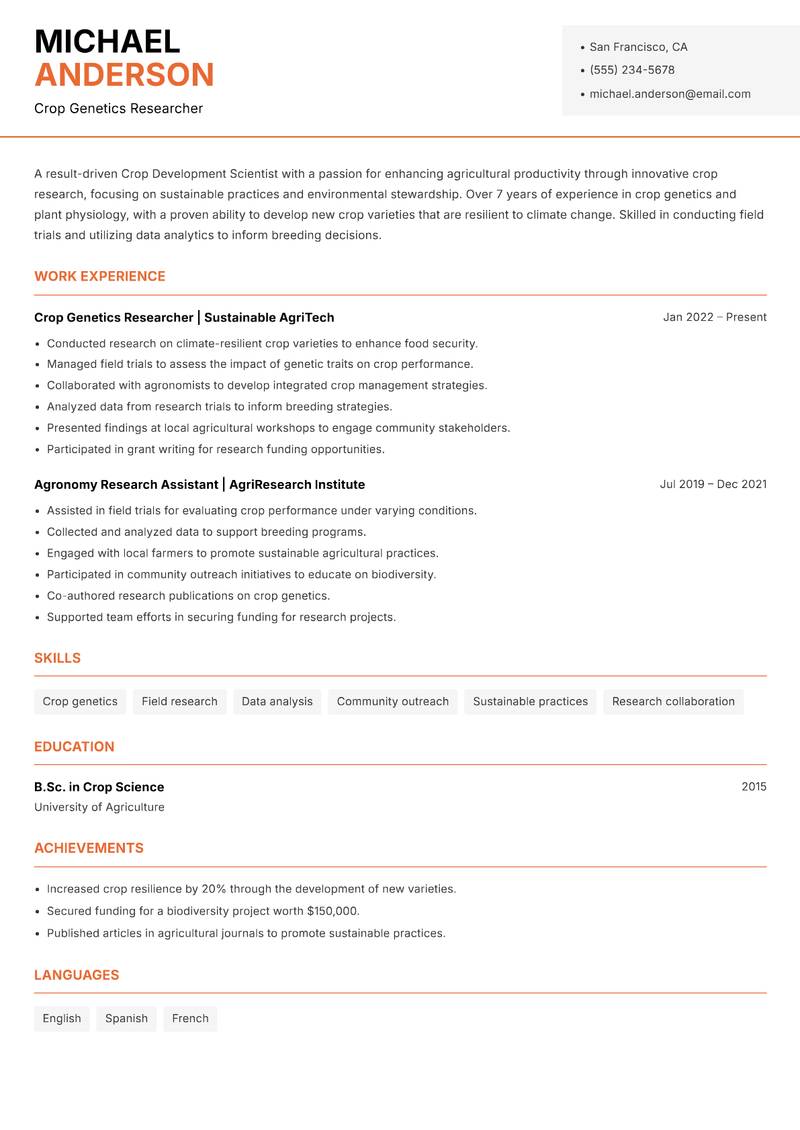 Crop Development Scientist resume sample — Crop Genetics Researcher focus
