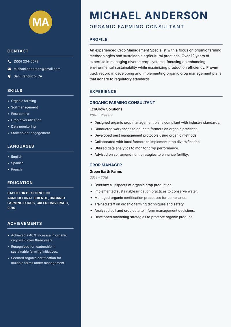 Crop Management Specialist resume sample — Organic Farming Consultant focus