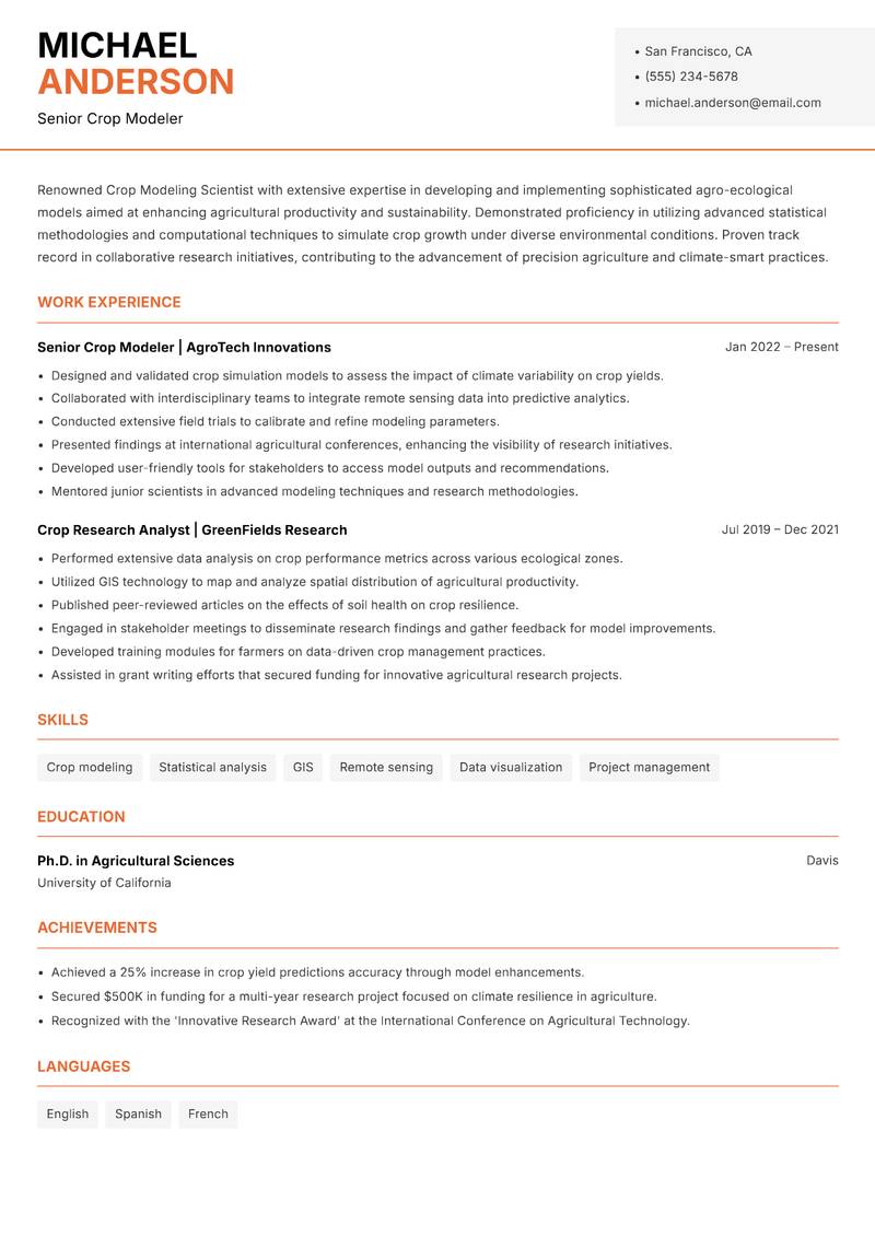 Crop Modeling Scientist resume sample — Senior Crop Modeler focus