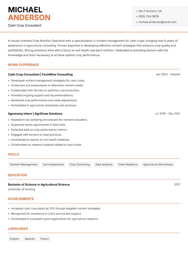 Crop Nutrition Specialist resume sample — Cash Crop Consultant focus