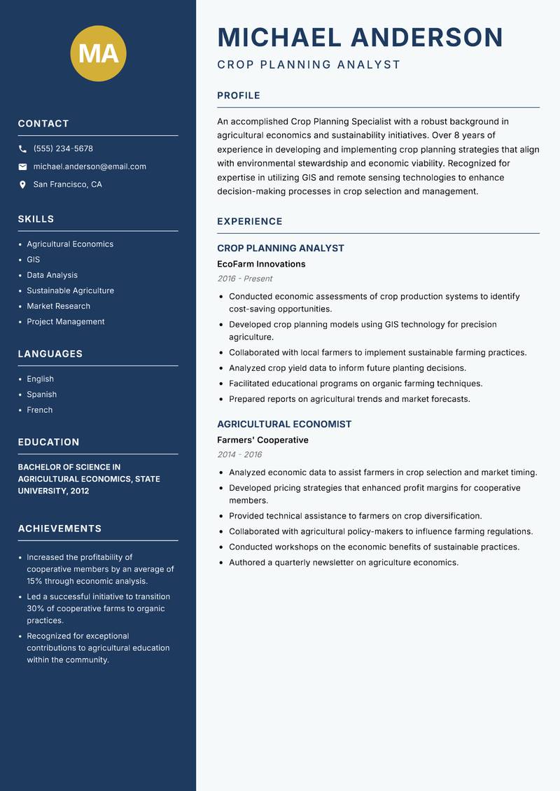 Crop Planning Specialist resume sample — Crop Planning Analyst focus