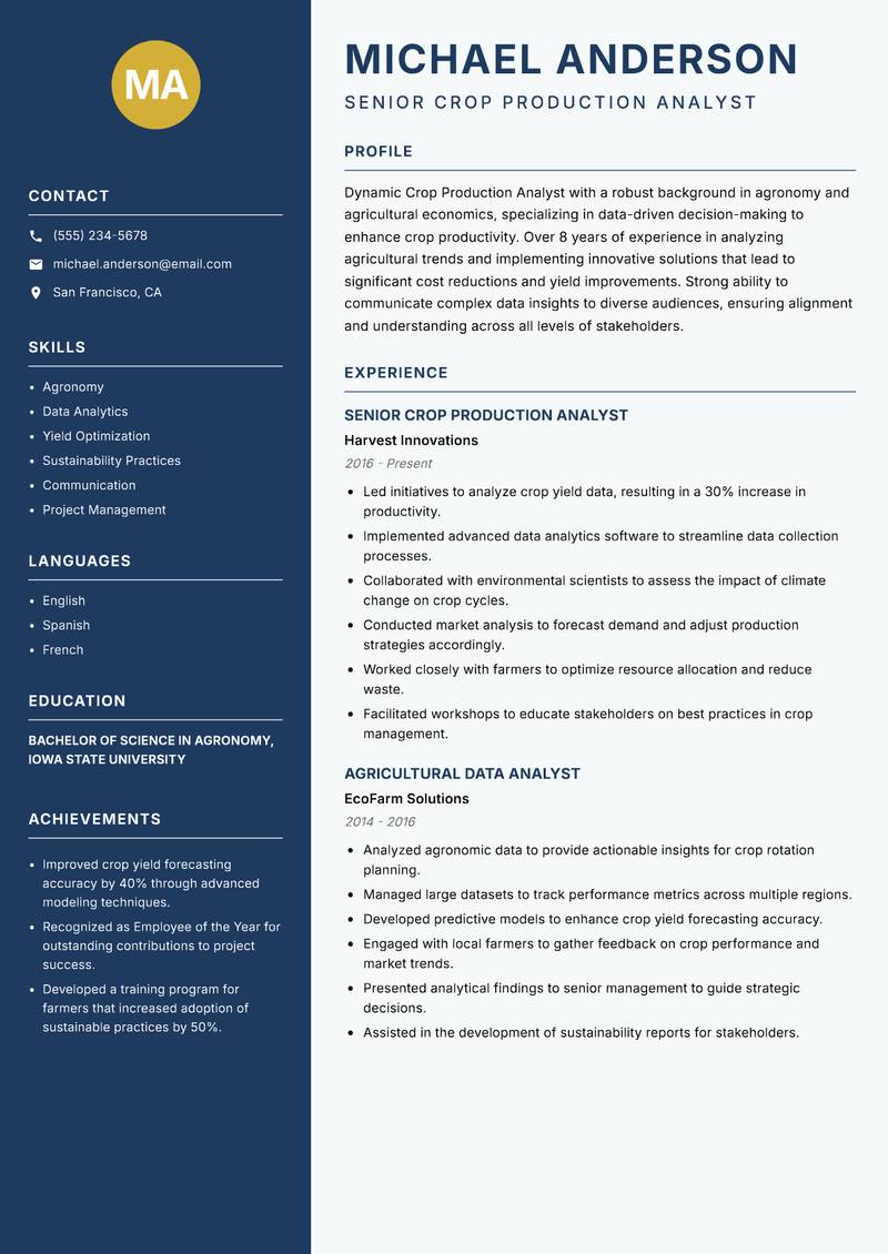 Crop Production Analyst resume sample — Senior Crop Production Analyst focus