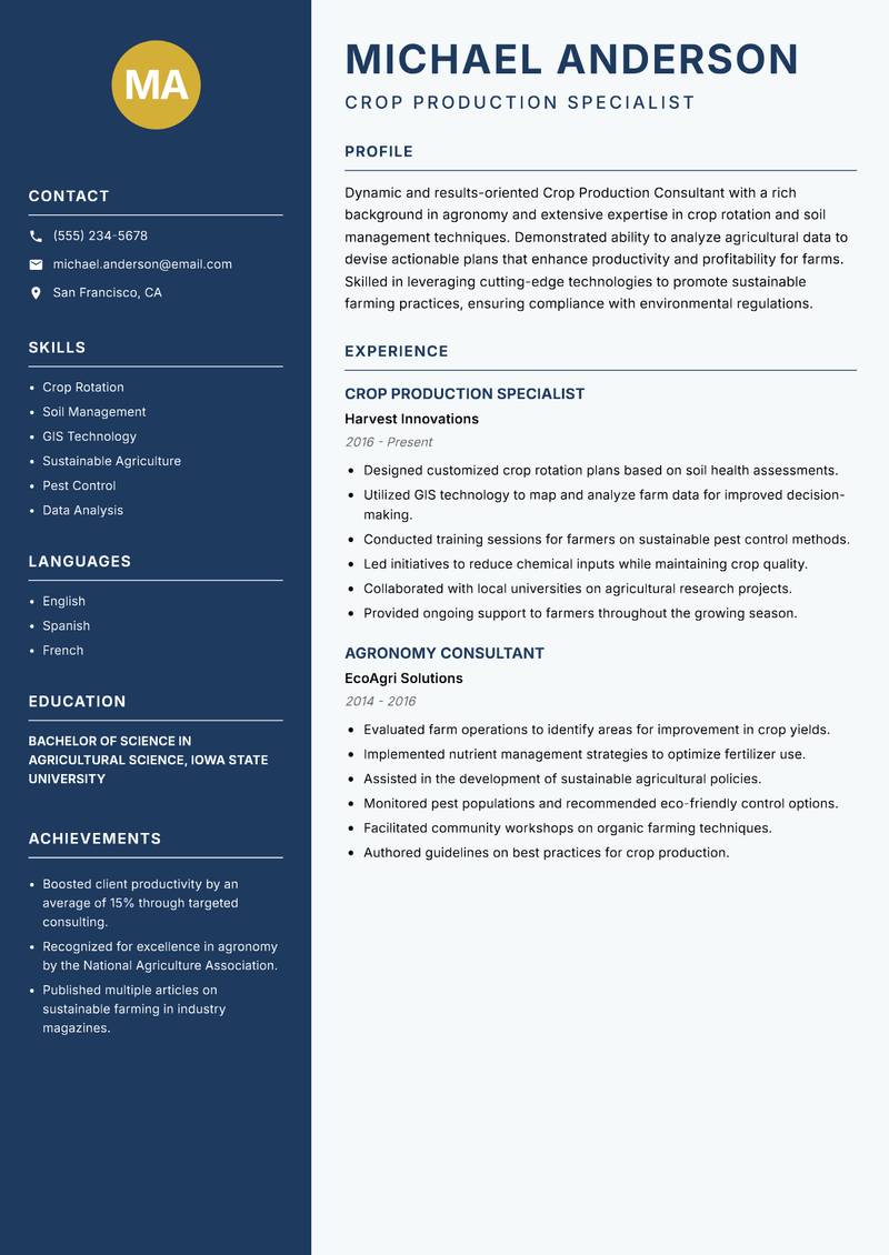 Crop Production Consultant resume sample — Crop Production Specialist focus
