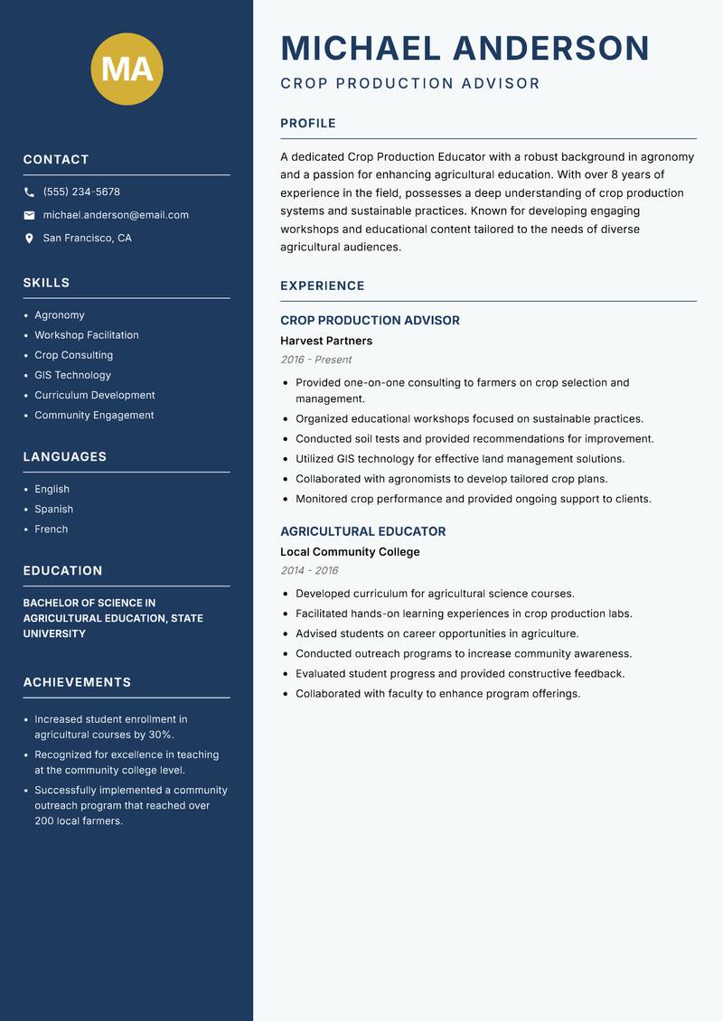 Crop Production Educator resume sample — Crop Production Advisor focus