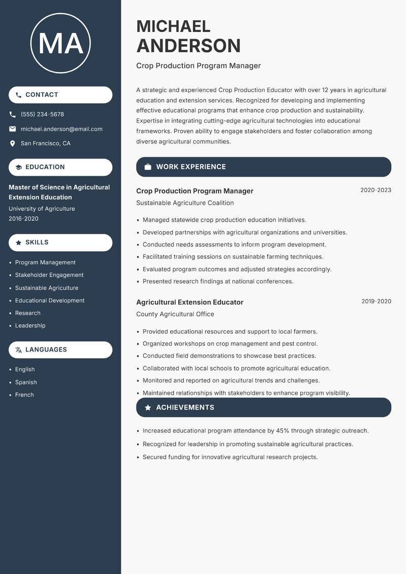 Crop Production Educator resume sample — Crop Production Program Manager focus